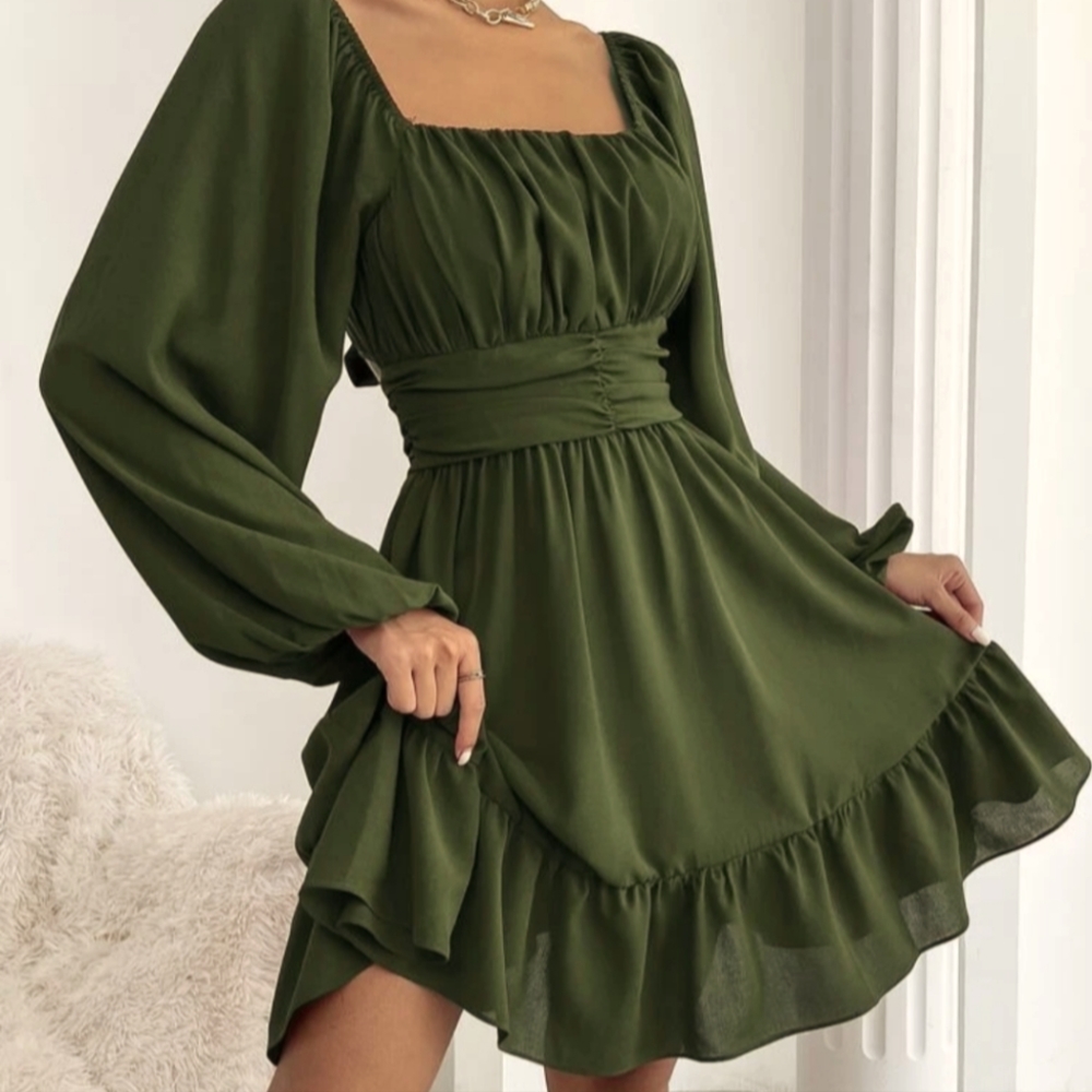 Green SHEIN Boho Lantern Sleeve Ruffle Dress olive green